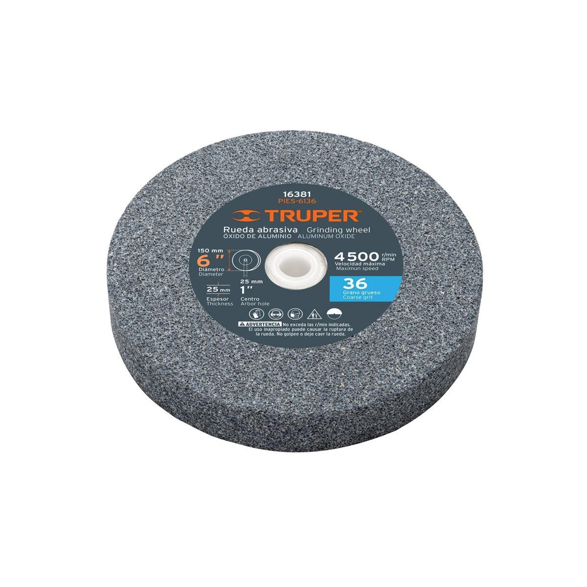 TRUPER - Piedra afilador 6"x25mm, para esmeril, óxido aluminio grano 36 Truper