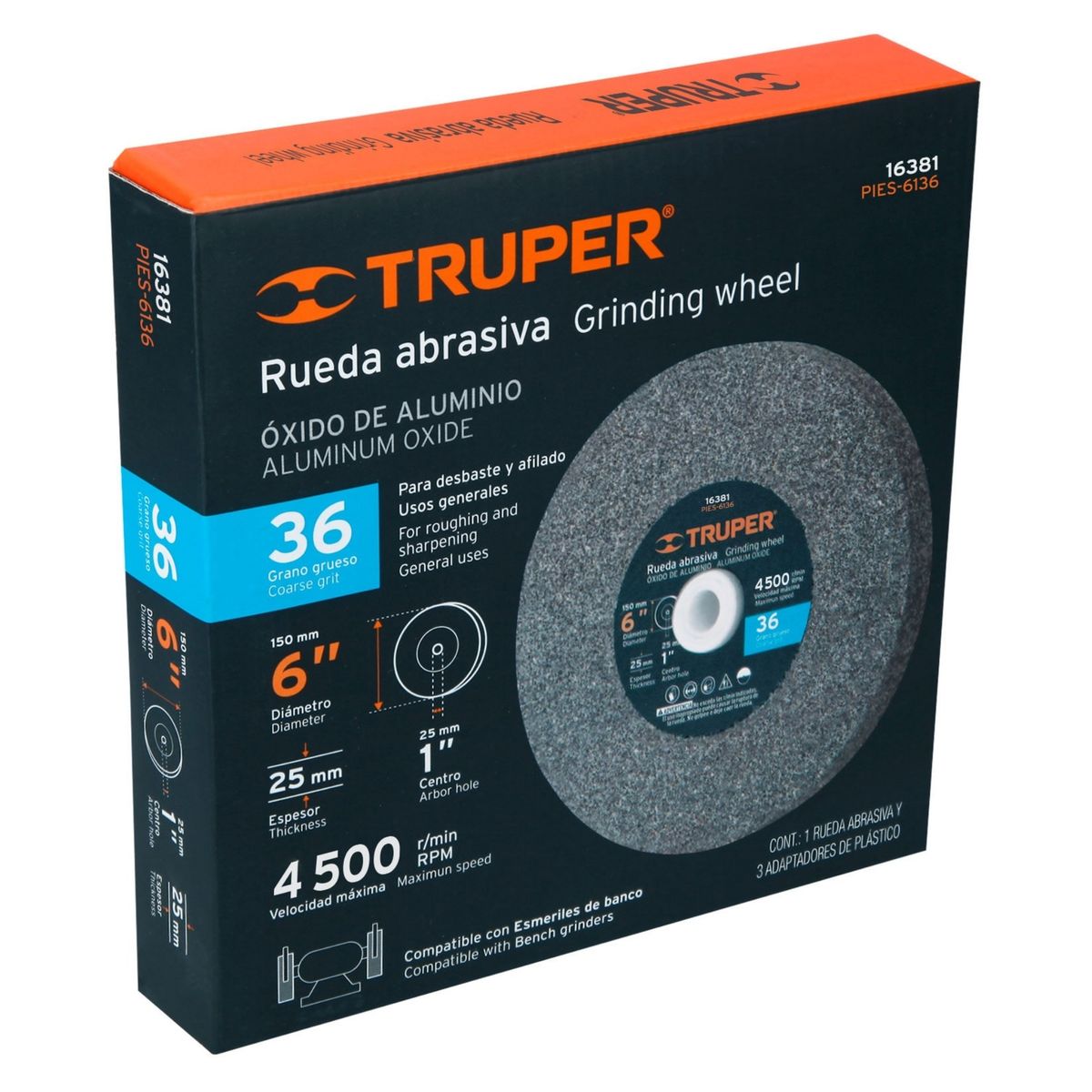 TRUPER - Piedra afilador 6"x25mm, para esmeril, óxido aluminio grano 36 Truper