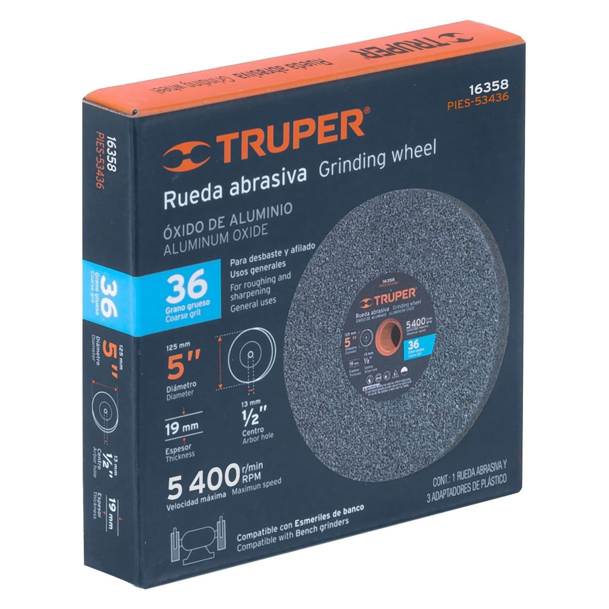 TRUPER - Piedra afilador 5"x19mm para esmeril, óxido aluminio grano 36 Truper