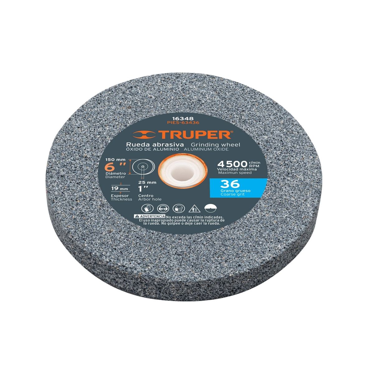 TRUPER - Piedra afilador 6"x19mm para esmeril, óxido aluminio grano 36 Truper