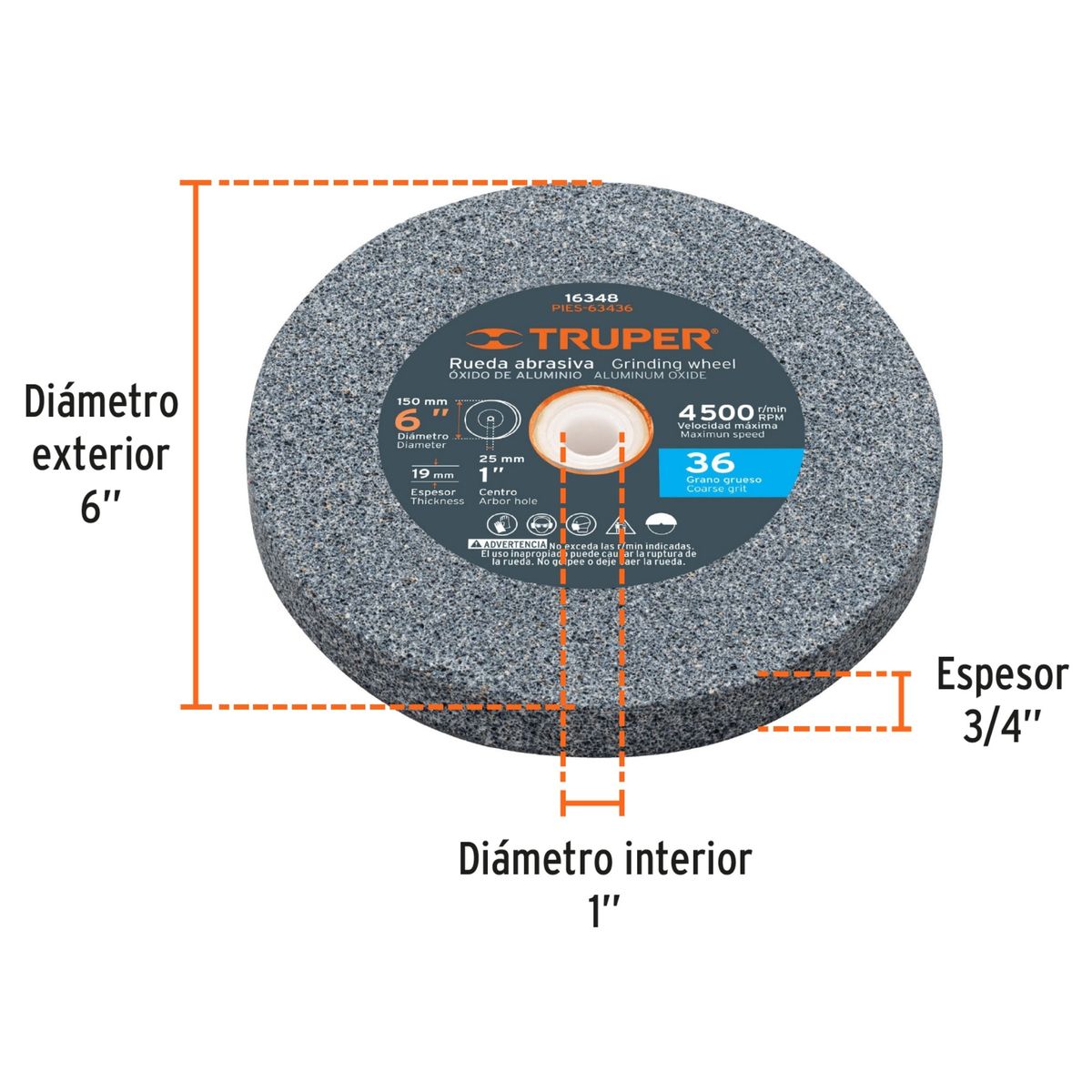 TRUPER - Piedra afilador 6"x19mm para esmeril, óxido aluminio grano 36 Truper