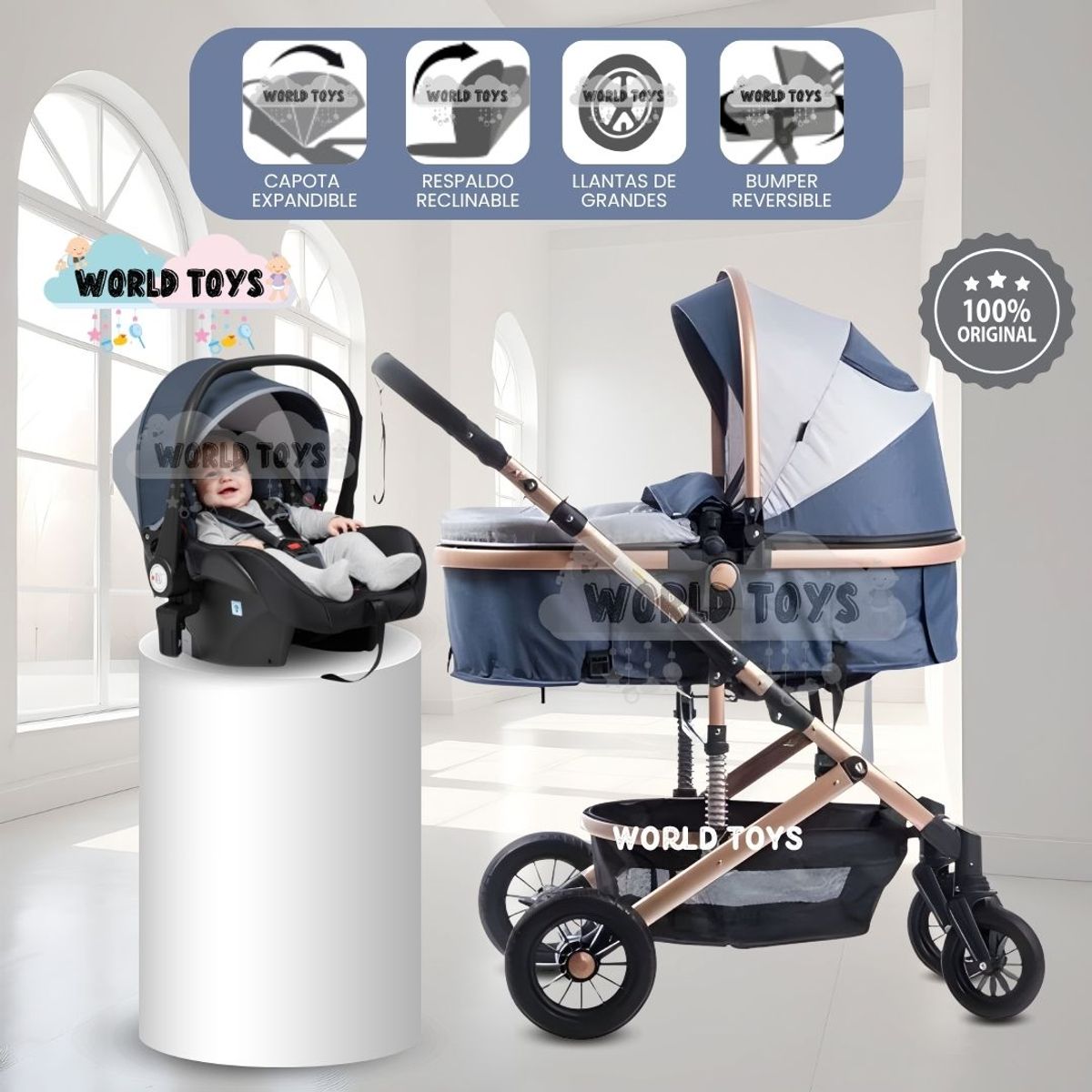 Baby - Coche Moisés Travel System «JELANI » con porta bebé Blue