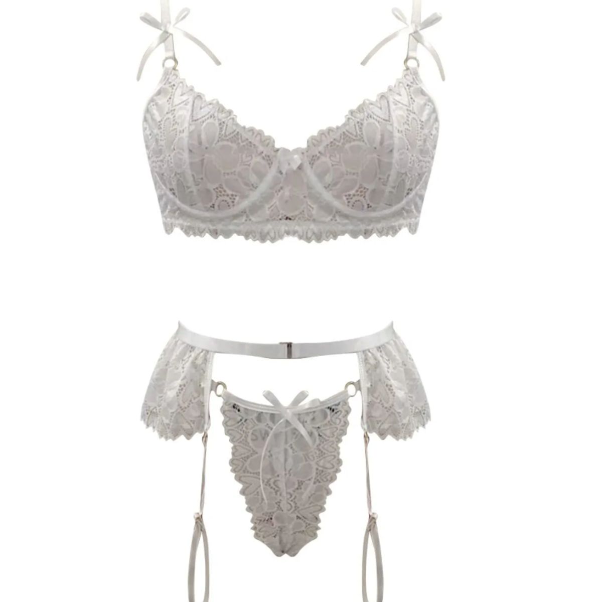 GENERICO - CONJUNTO DE LENCERÍA DE 3 PIEZAS – ENCAJE FLORAL & SATÉN