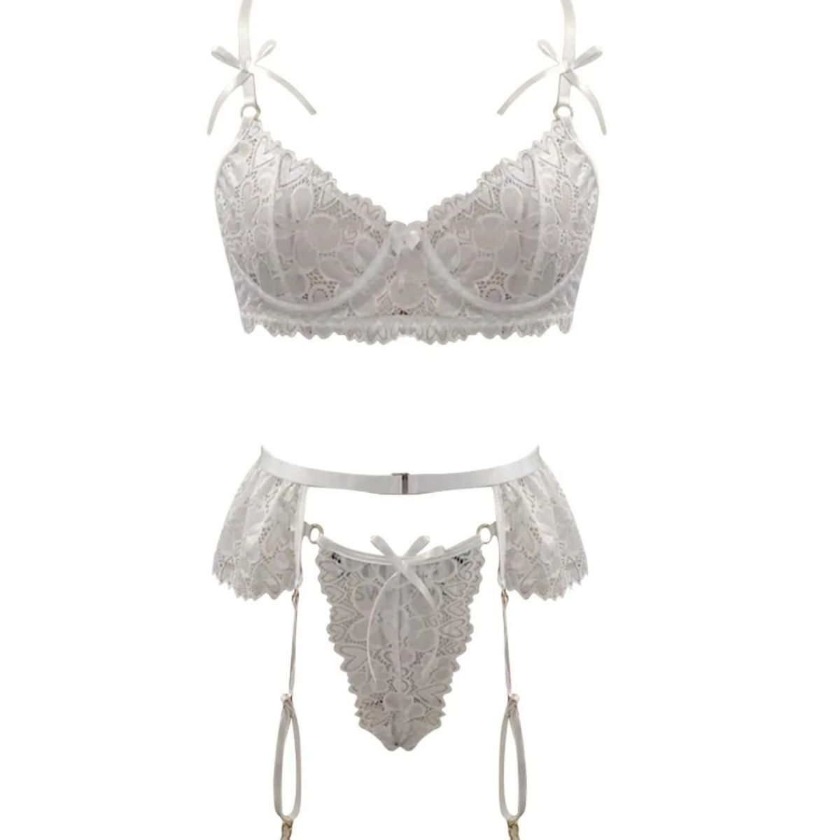 GENERICO - CONJUNTO DE LENCERÍA DE 3 PIEZAS – ENCAJE FLORAL & SATÉN