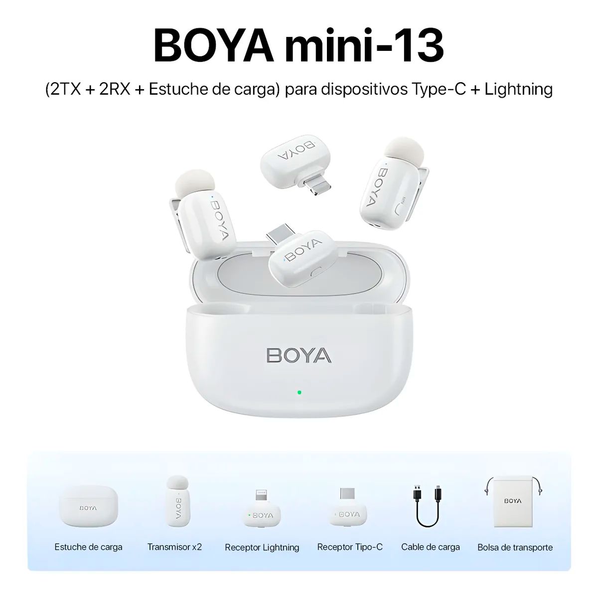 BOYA - Micrófono BOYA Mini-13  USB-C Lightning+Estuche para Auriculares+Filtro