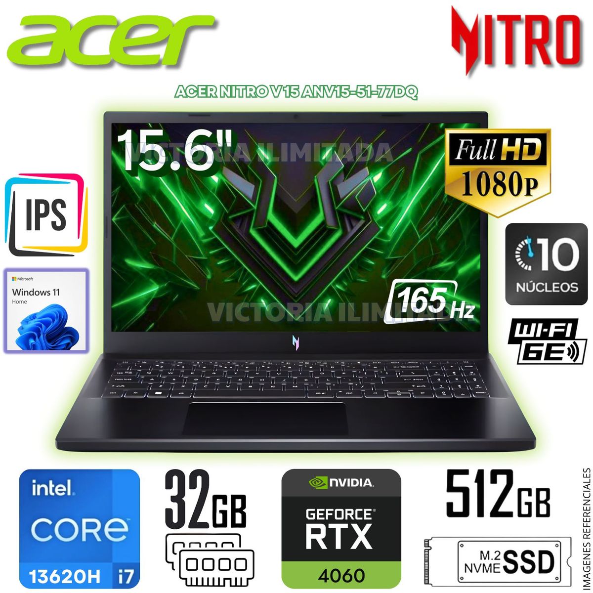 ACER - Laptop Gamer ACER NITRO V 15 ANV15-51-77DQ INTEL CORE I7-13620H 32GB DDR5 512GB SSD RTX4060 NH.QQEAA.003