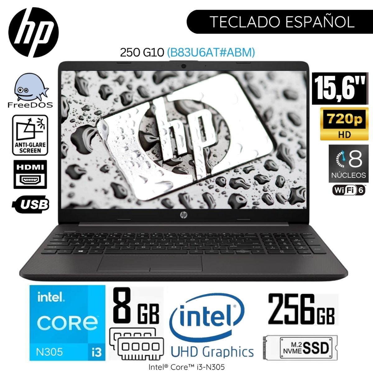HP - Laptop HP 250 G10 Intel Corei3-N305 8GB RAM 256GB SSD 15.6"  Pulg. HD FreeDos (B83U6AT)