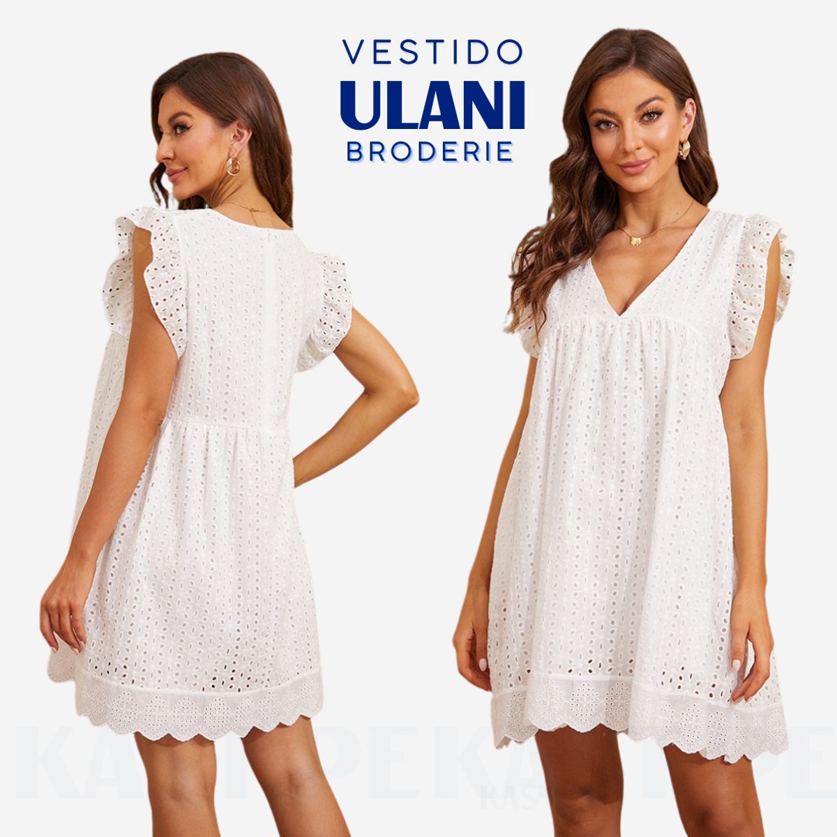 KAST PE - Vestido Ulani Blanco de Broderie con Volantes en Hombros - Talla M