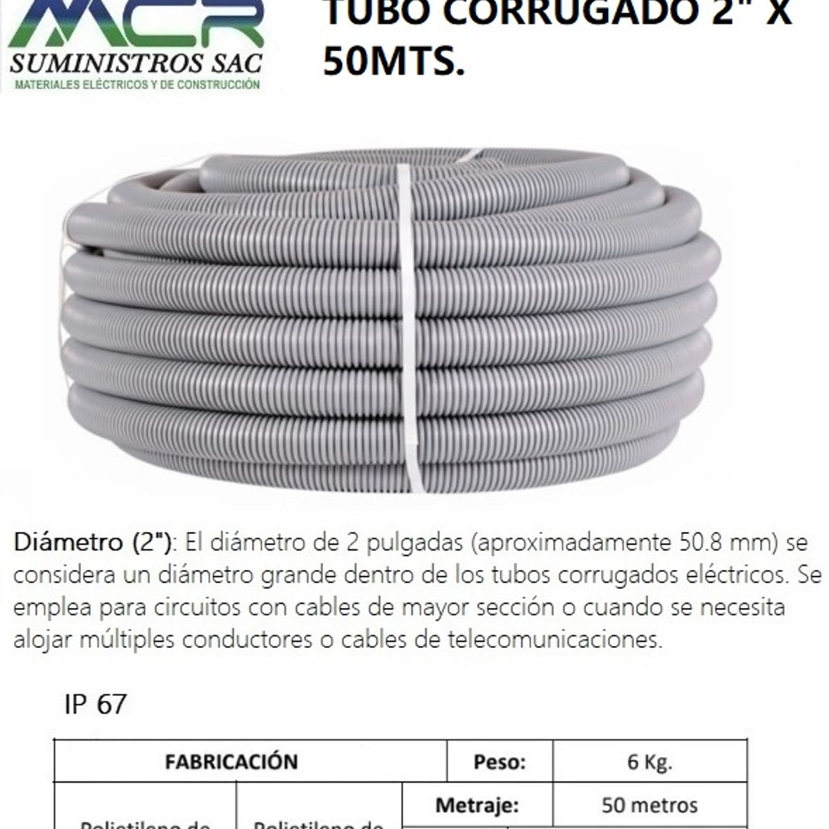 TUBO CORRUGADO 2 pulgada X 50MTS, marca GENERICO - Foto Principal
