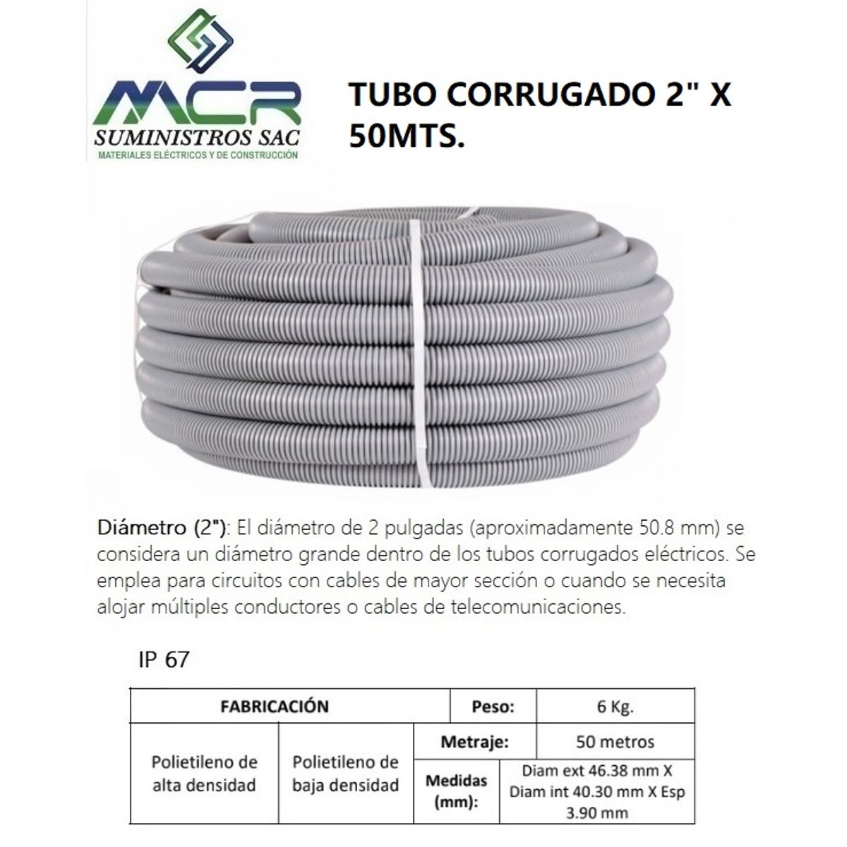TUBO CORRUGADO 2 pulgada X 50MTS, marca GENERICO - Foto Principal