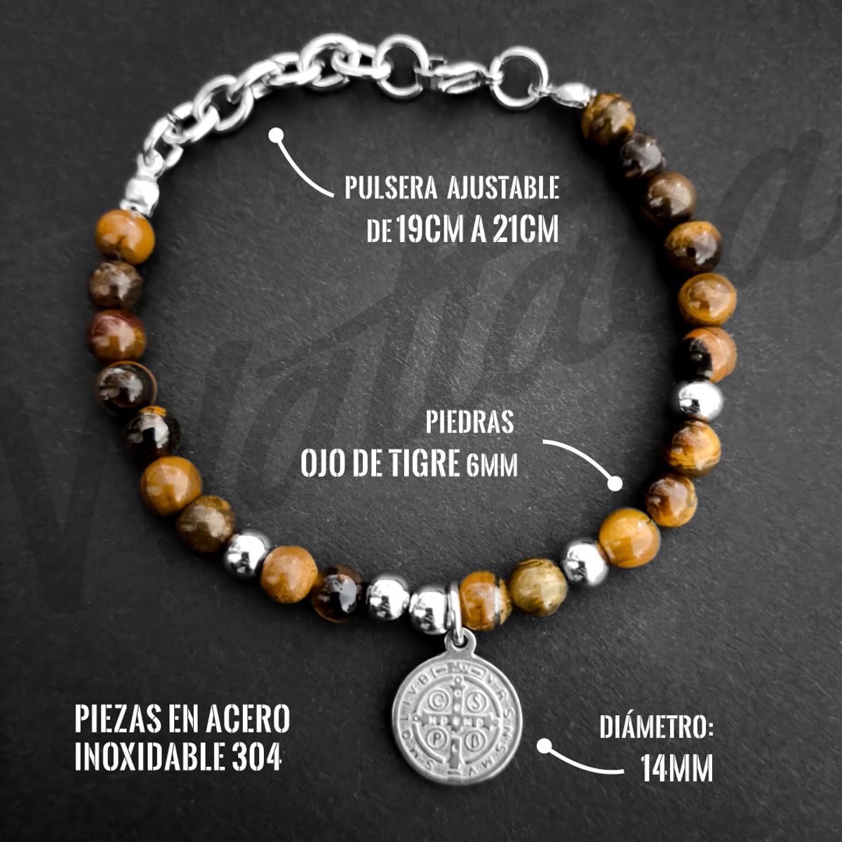 WATTACA - Pulsera San Benito Ojo de Tigre Acero Inoxidable Ajustable - Wattaca
