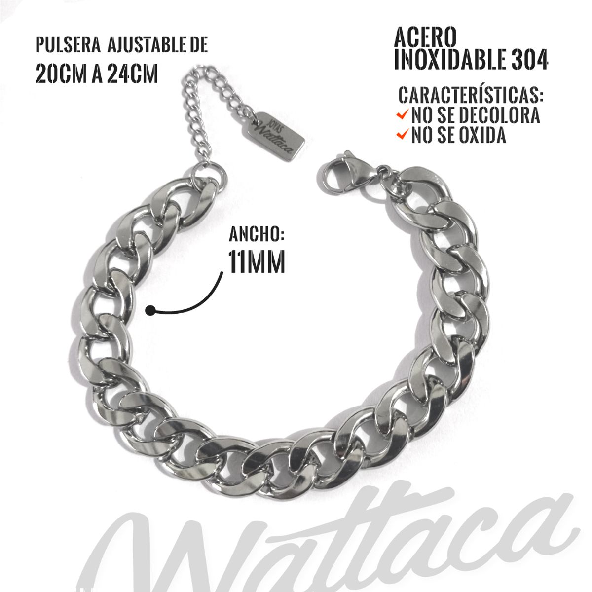 WATTACA - Pulsera Cubana Acero Inoxidable 11mm  Ajustable - Wattaca