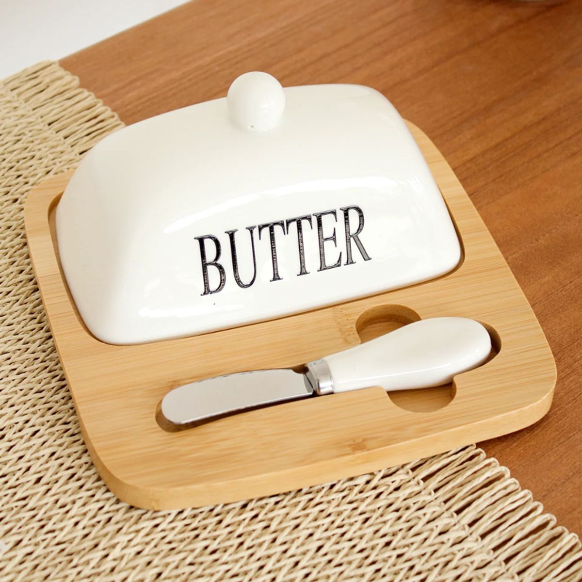 GENERICO - Mantequillera BLANCA de porcelana  + Base Bambu con Untador