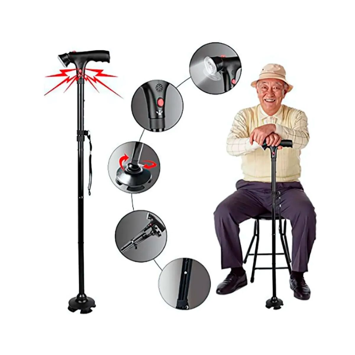 GENERICO - Bastón Plegable Ajustable Con 5 Niveles De Altura Y Linterna