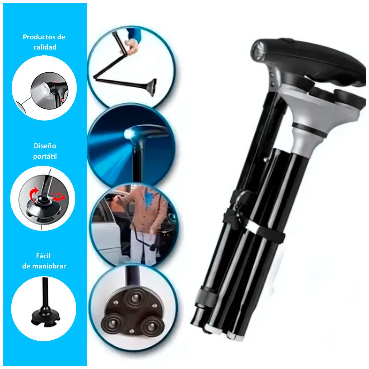 GENERICO - Bastón Plegable Ajustable Con 5 Niveles De Altura Y Linterna