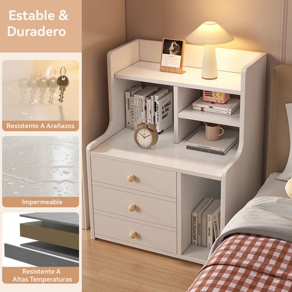 ROHE - Velador 3 Niveles Con Cajones, Color Blanco, 50x30x70 cm