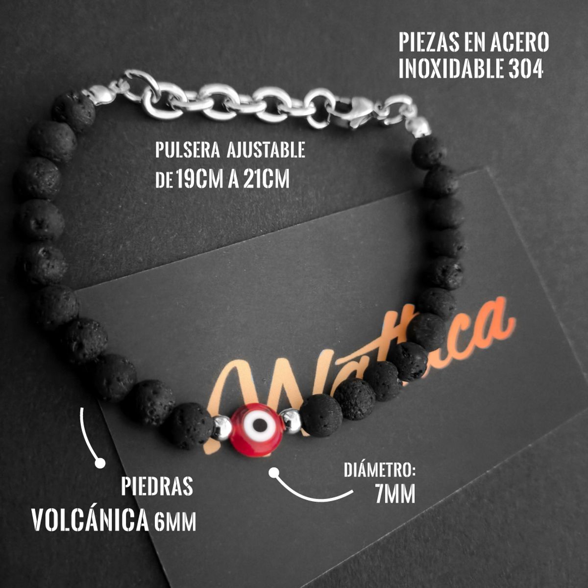 WATTACA - Pulsera Ojo Turco Rojo Volcánica 6mm Acero Inoxidable  - Wattaca