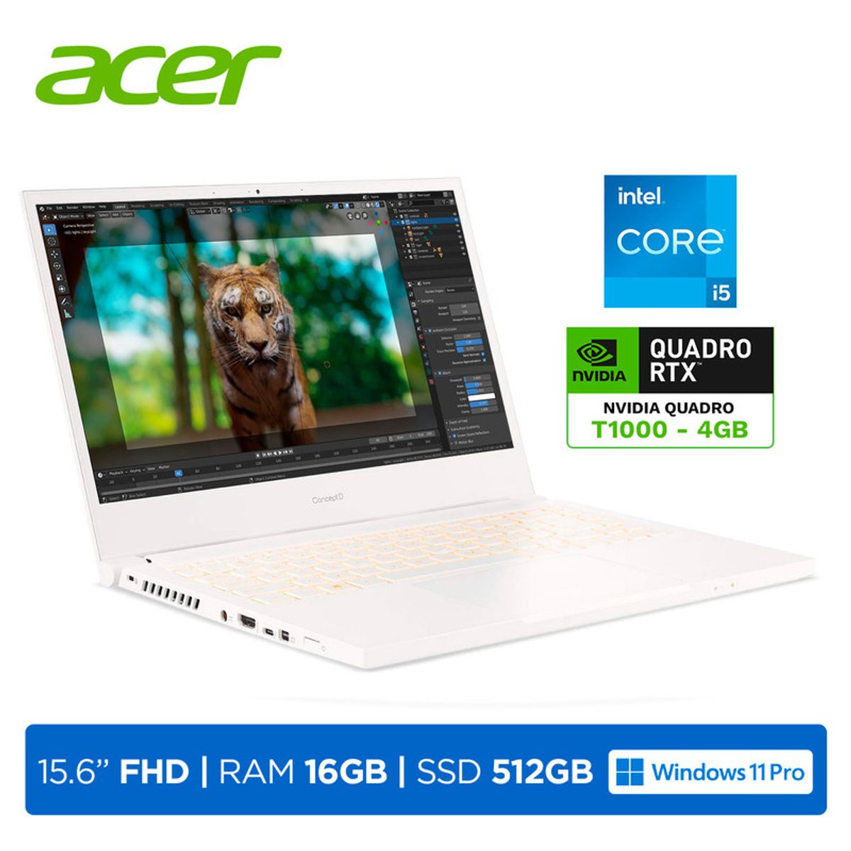 ACER - Laptop ACER ConceptD 3 Pro i5-9300H 16GB 512GB 4GB Quadro T1000 156 FHD 100% DCI-P3Win11ProWhite