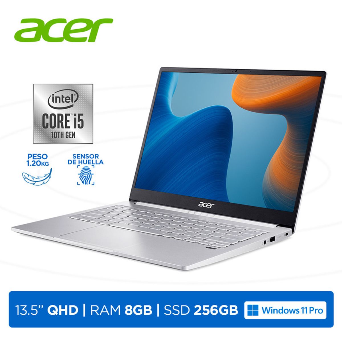 ACER - Laptop ACER Swift 3 SF313-52 i5-1035G4 8GB 256GB 135 2K Windows 11 Pro Sparkly Silver