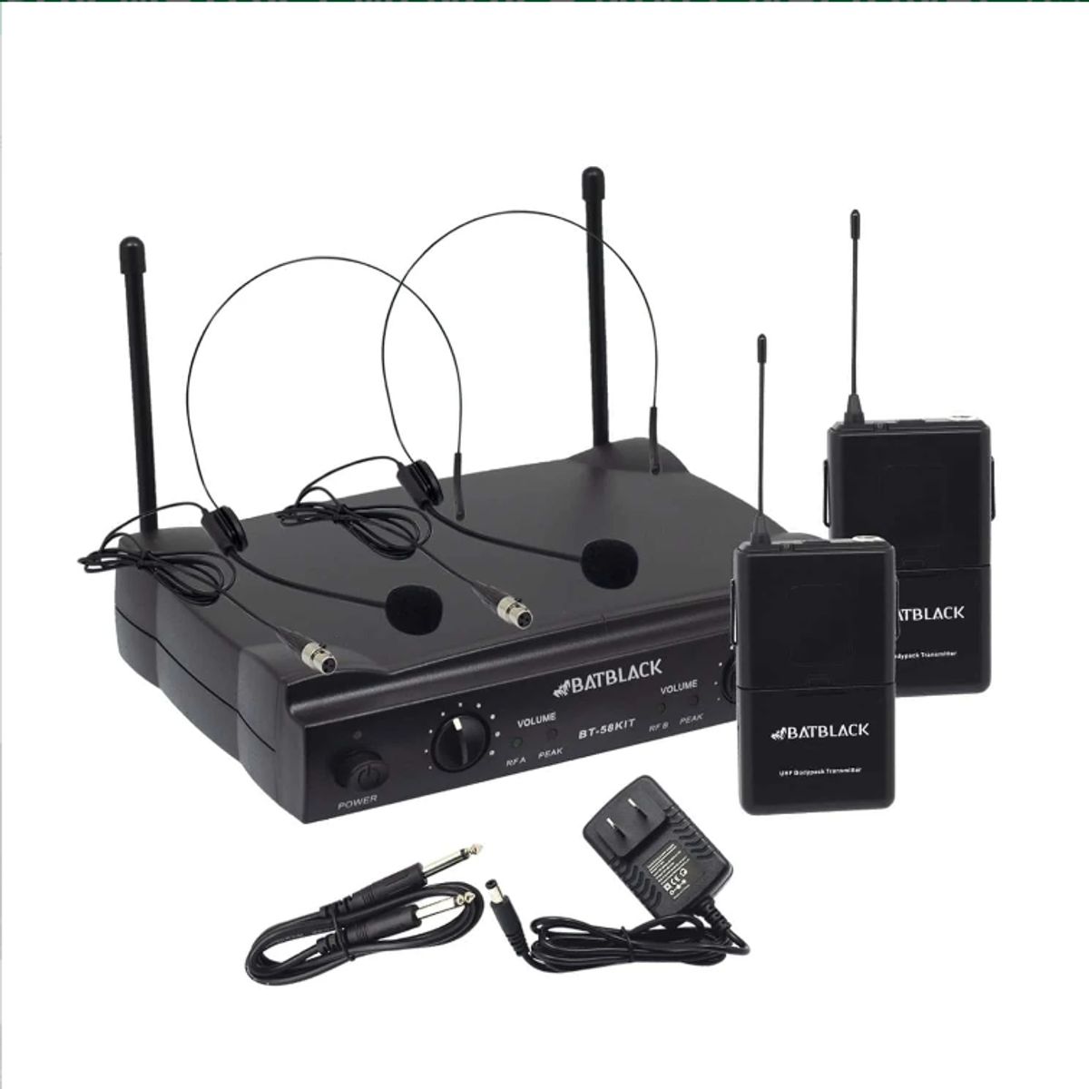 BATBLACK - Micrófono Inalámbrico Doble con 2 Vinchas Y 2 Solaperos UHF BT-D332BP BATBLACK