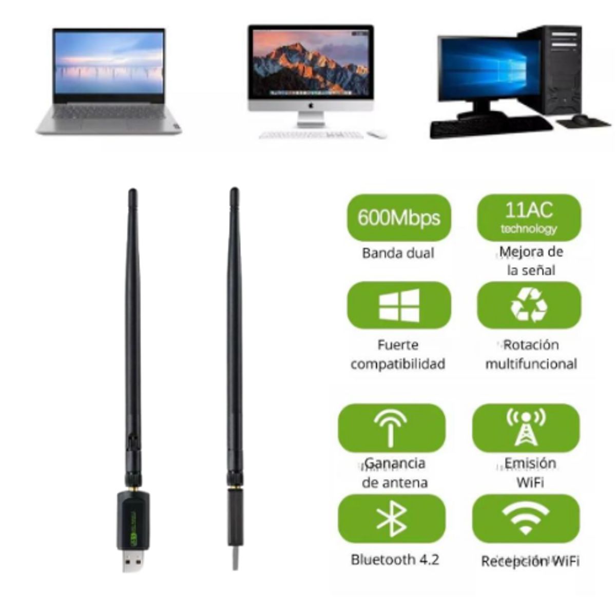 SEISA - Antena Wifi 5 para Laptop y Pc + Bluetooth 2.4 - 5.8 GHz