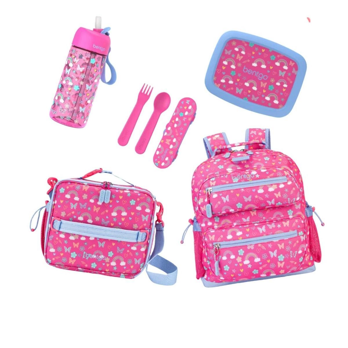 BENTGO - Set Bentgo Mochila Lonchera PortaLonchera Cubierto y Tomatodo Mariposa