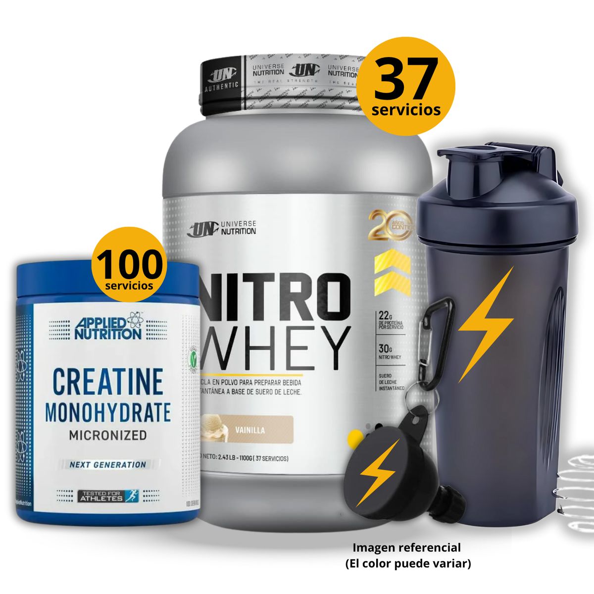 UNIVERSE NUTRITION - Proteína Nitro whey de 1kg Vainilla + Creatina Applied Nutrition de 500gr + regalos