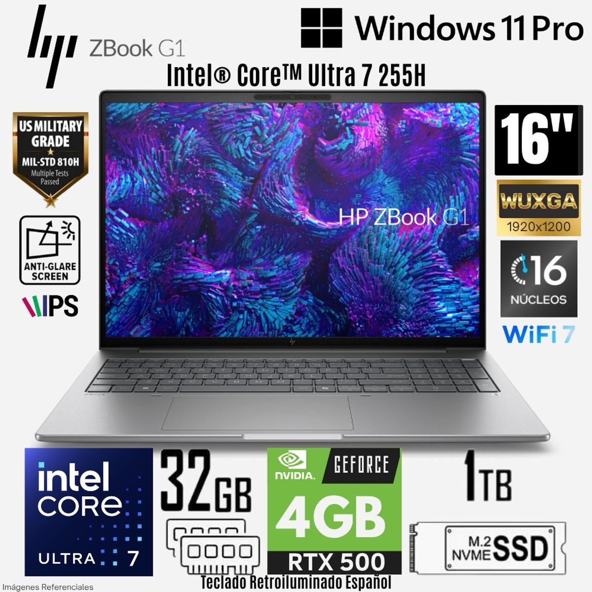 HP - Laptop WS HP Zbook 8 G1i Intel Core Ultra 7 255H 32GB RAM 1TB SSD RTX 500-4GB 16"  WUXGA - BN4E7LT