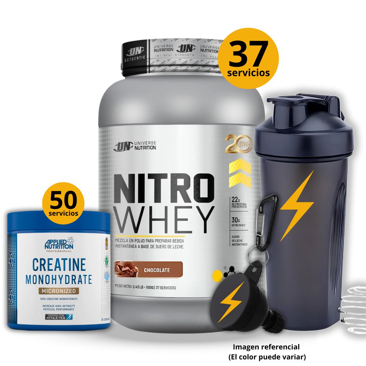 UNIVERSE NUTRITION - Proteína Nitro whey de 1kg Chocolate + Creatina Applied Nutrition de 250gr + regalos
