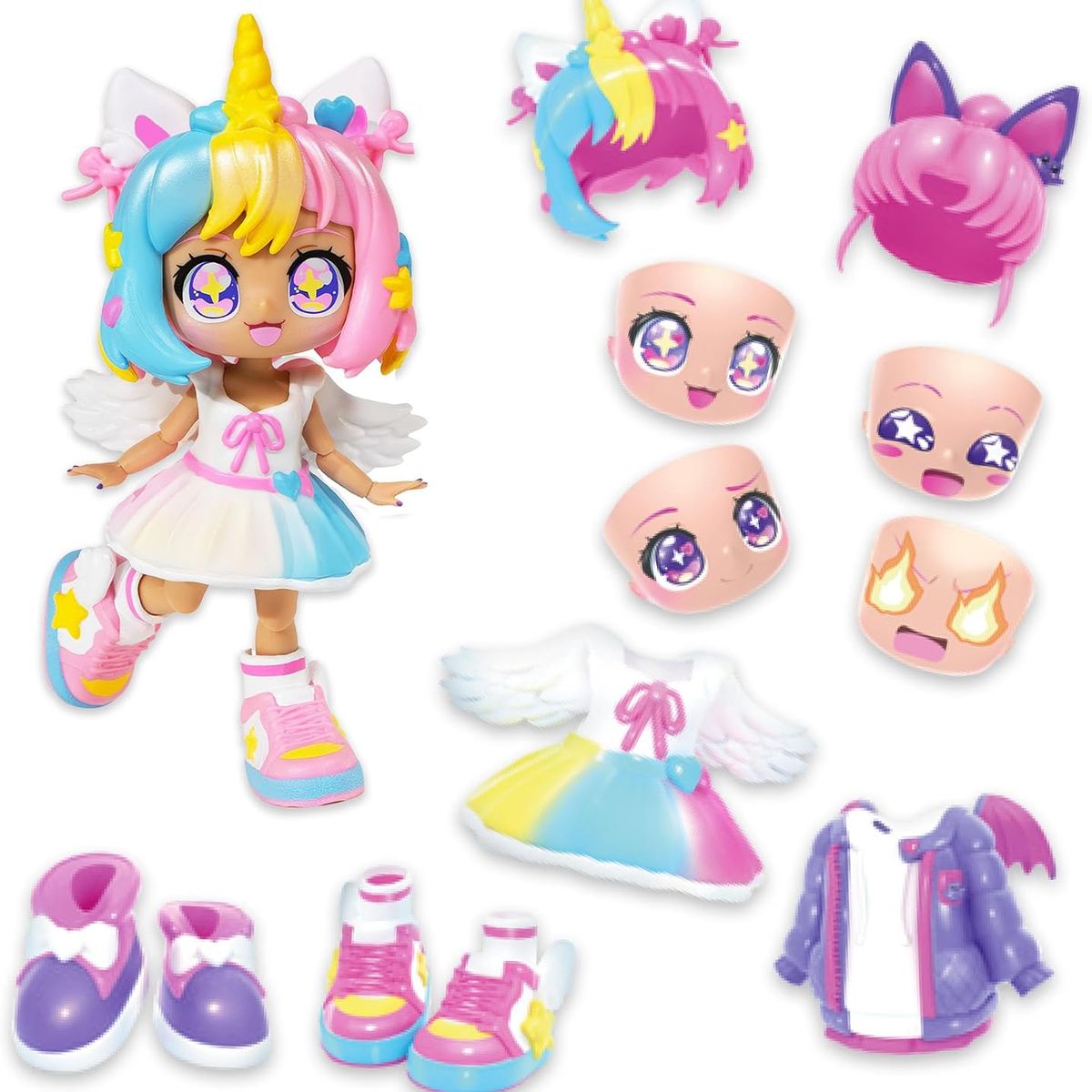 HEADSTART - Kawaii - Animakii Set de Muñeco Personalizable Unicornio y Murciélago + 10 Accesorios cambiables