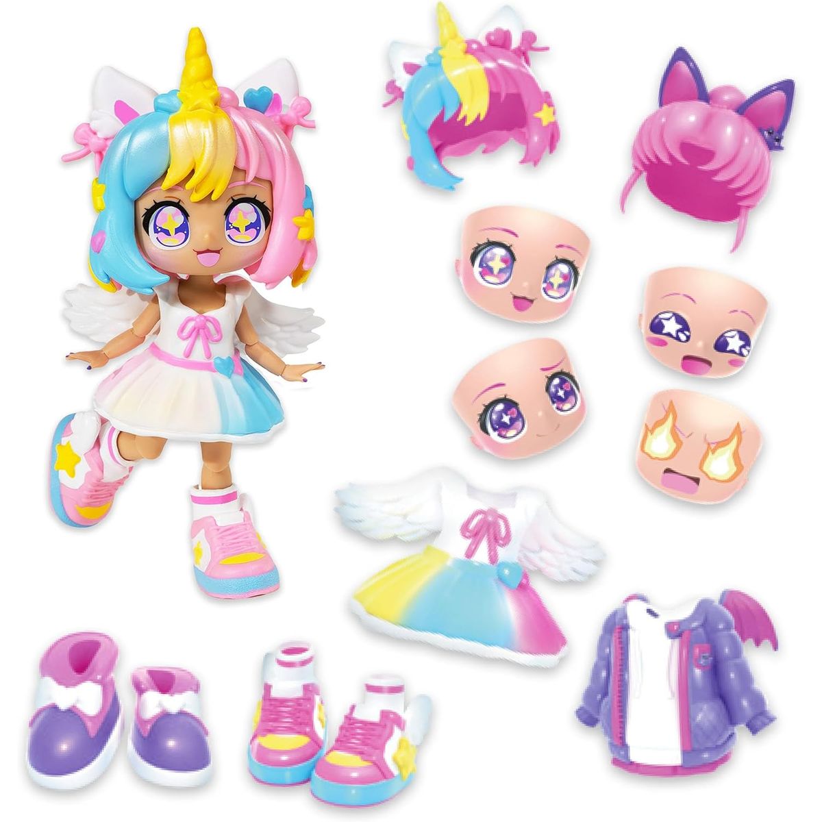 HEADSTART - Kawaii - Animakii Set de Muñeco Personalizable Unicornio y Murciélago + 10 Accesorios cambiables