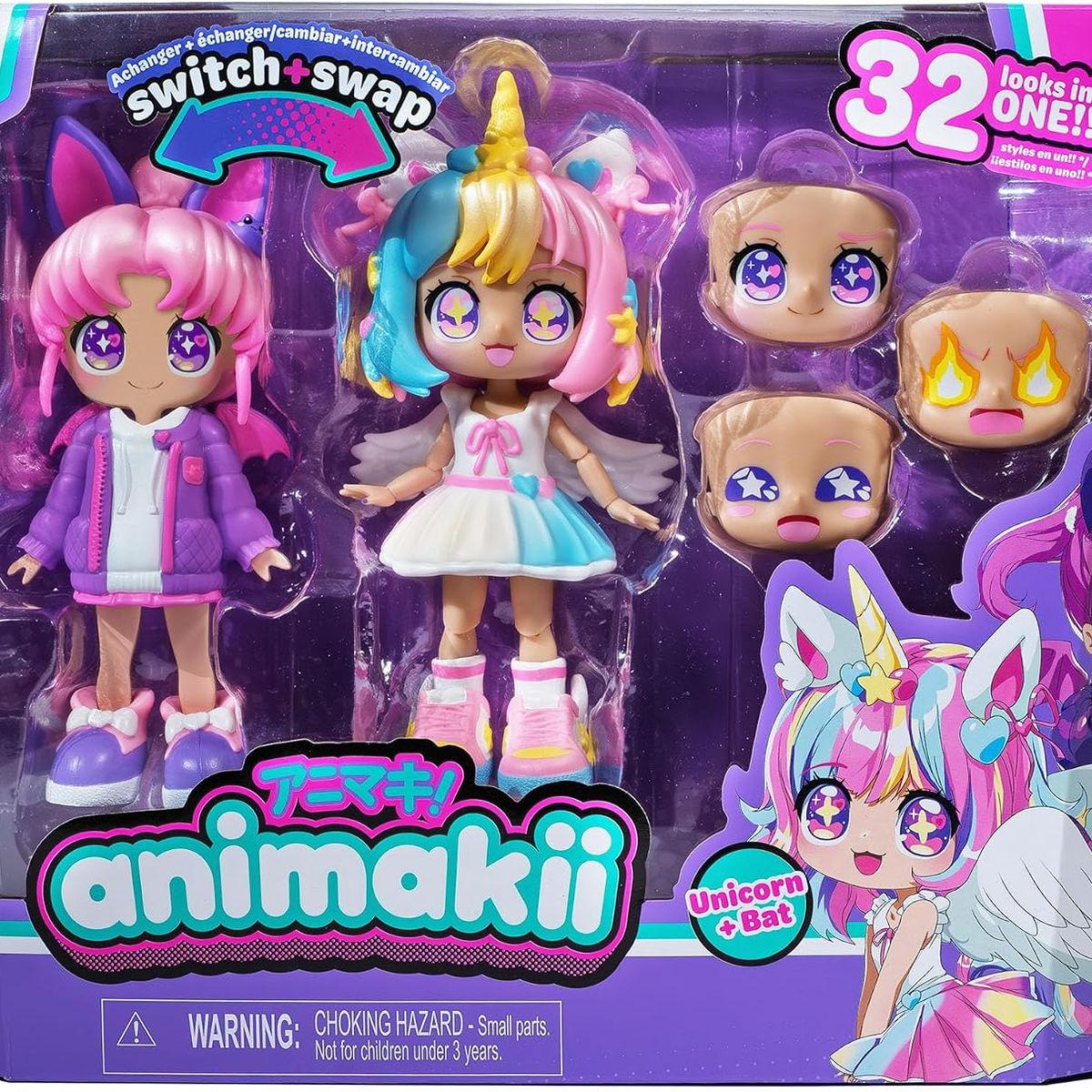 HEADSTART - Kawaii - Animakii Set de Muñeco Personalizable Unicornio y Murciélago + 10 Accesorios cambiables