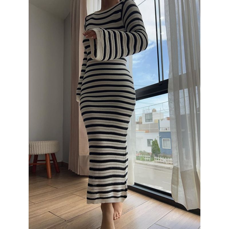 GENERICO - Vestido Largo Rayado con Espalda Descubierta  Hilo Tacto Suave