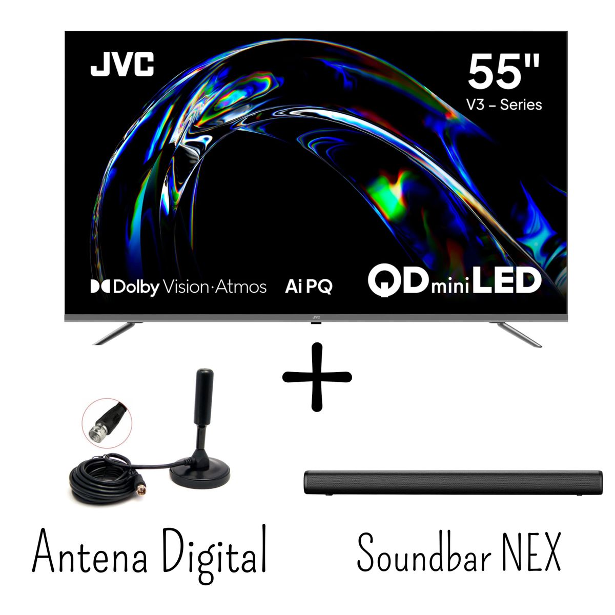 GENERICO - Televisor JVC 55 Pulgadas QD MINILED 120HZ GoogleTV LT-55KM958 + Soundbar Nex + Antena Digital