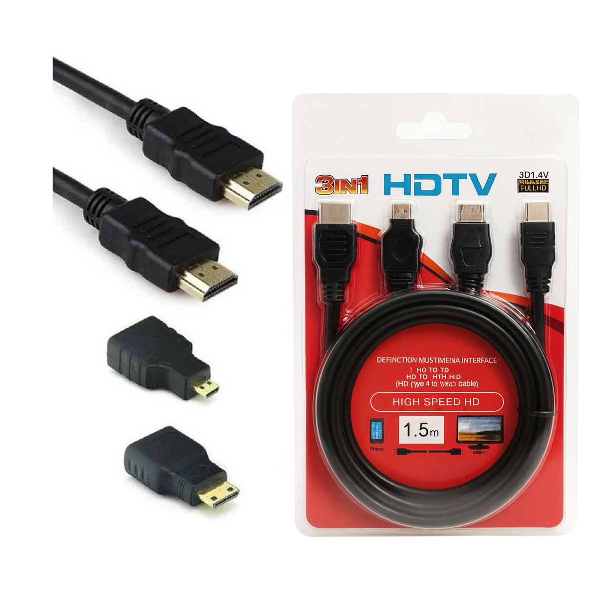 GENERICO - Cable Hdmi 3 en 1, Hdmi, Mini Hdmi Y Micro Hdmi