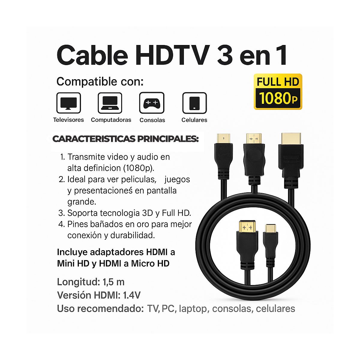 GENERICO - Cable Hdmi 3 en 1, Hdmi, Mini Hdmi Y Micro Hdmi