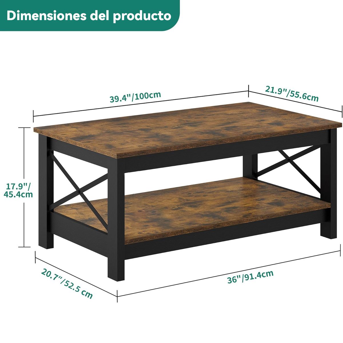 ROHE - Mesa De Centro Rectangular-Color negro + madera Rústico de 2 Niveles Diseño Robusto y Fácil de Armar