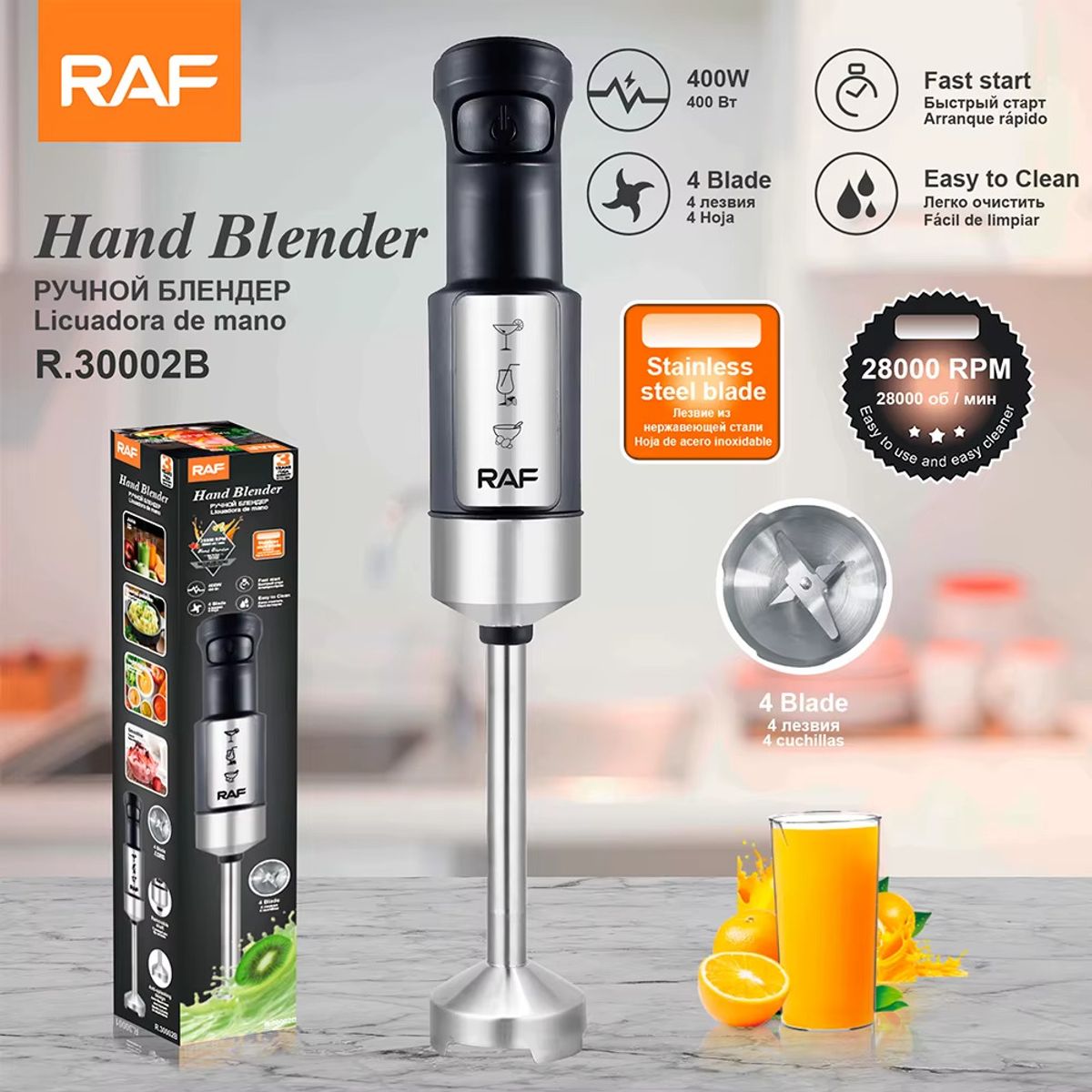 RAFF - Batidora de Inmersión 4 aspas inox. 400W 30002B-Negro
