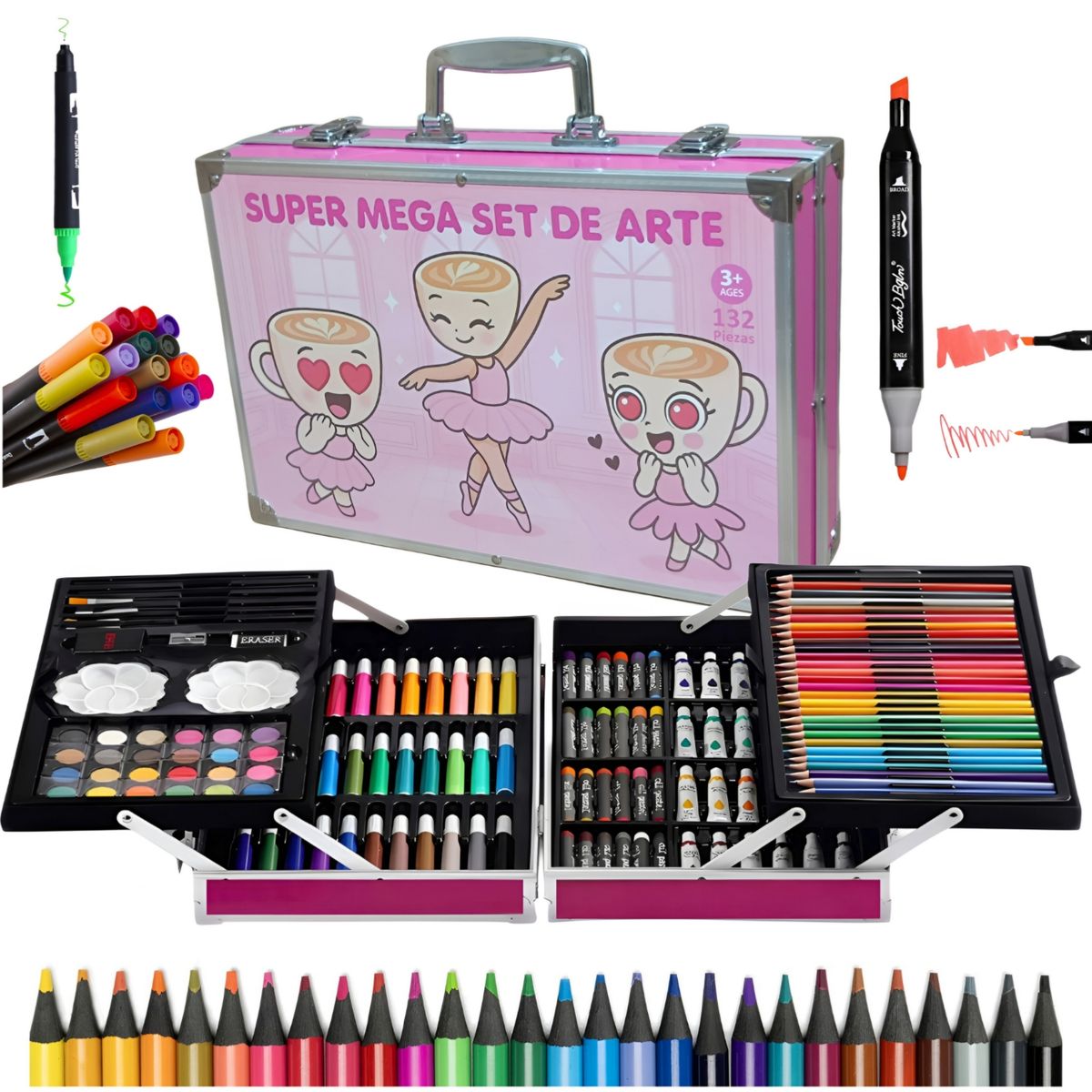 GENERICO - Set de Arte Maleta de Aluminio 132 Piezas touch y dual ballerina enamorada