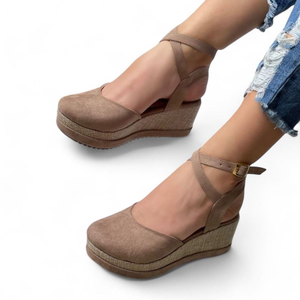 GENERICO - Sandalia Mujer Gamuza Cerrado Taco 7 1022L-50 Color Beige