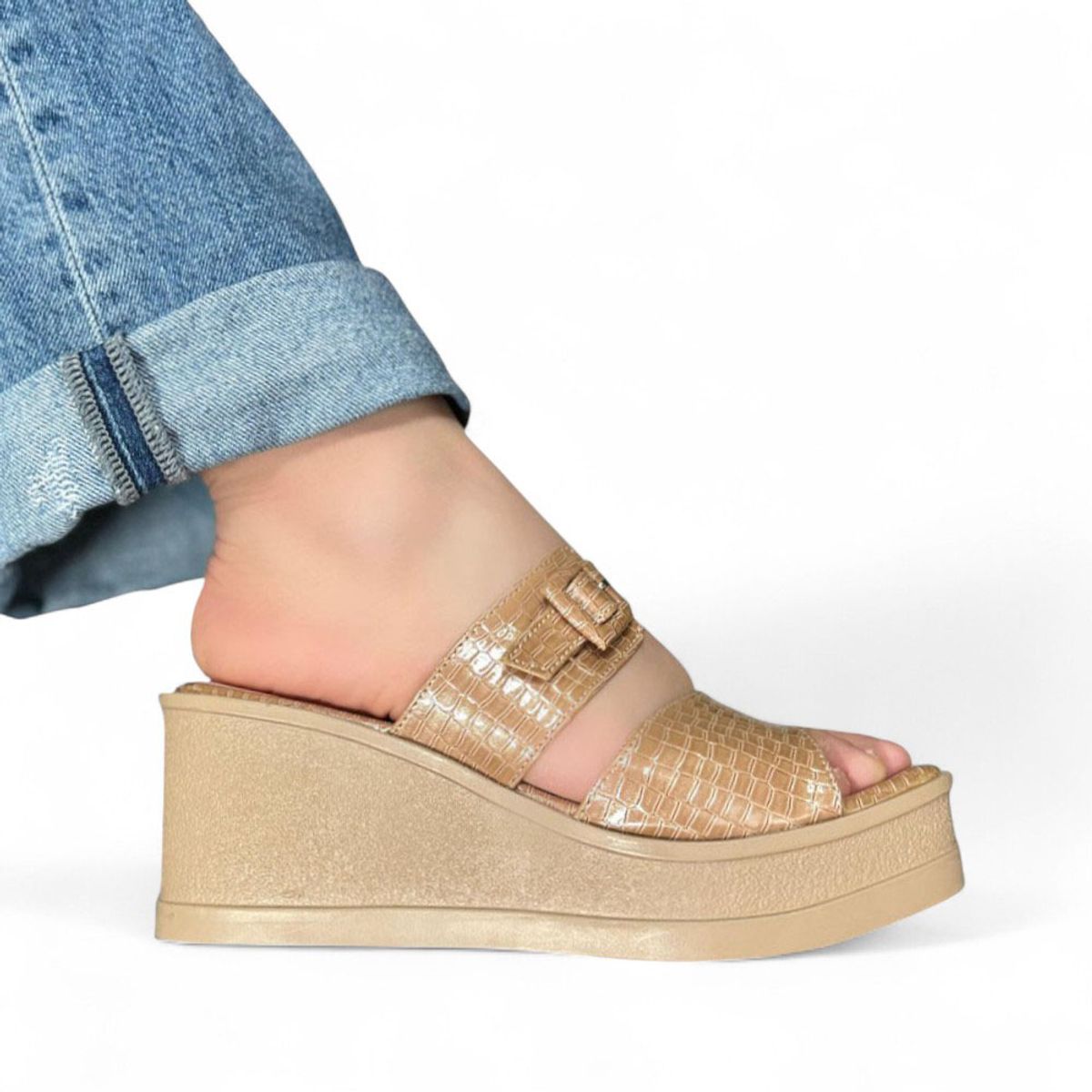 GENERICO - Sandalia Mujer Labrado Taco 7 1022L-57 Color Beige