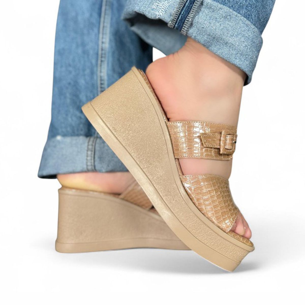 GENERICO - Sandalia Mujer Labrado Taco 7 1022L-57 Color Beige