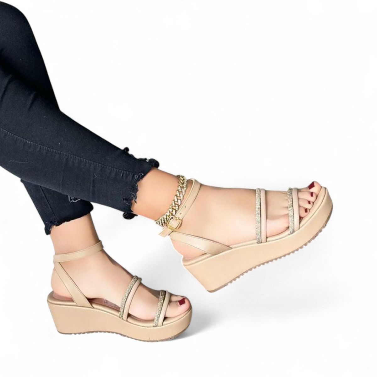 GENERICO - Sandalia Mujer Taco 7 Doble Cinta 1022L-45 Color Beige