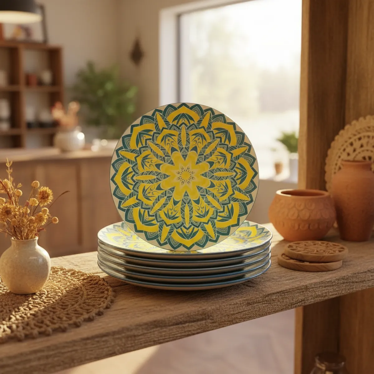 OEM - Set de 6 Platos de Segundo Mandala Aurora 26.7 cm – Diseño Bohemio Premium para Mesa Elegante