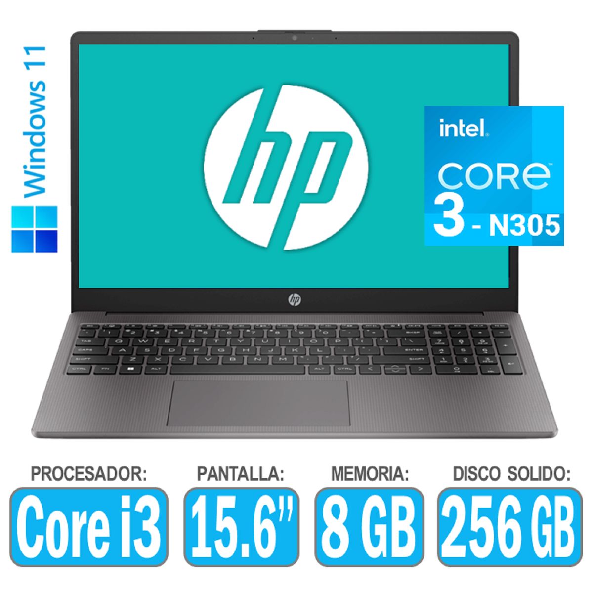 HP - Laptop HP Core i3-N305 RAM 8gb SSD 256gb Pantalla 15.6 Windows HP 250 G10