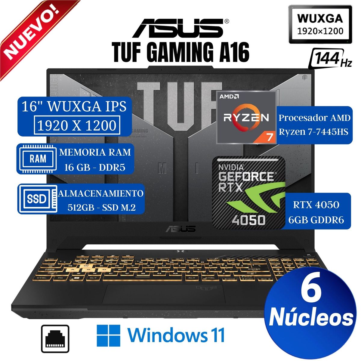 ASUS - Laptop Asus TUF A16 FA607NUG-RL117 16" WUXGA IPS, Ryzen 7-7445HS, Ram 16GB, Ssd 512GB, Rtx 4050 6GB
