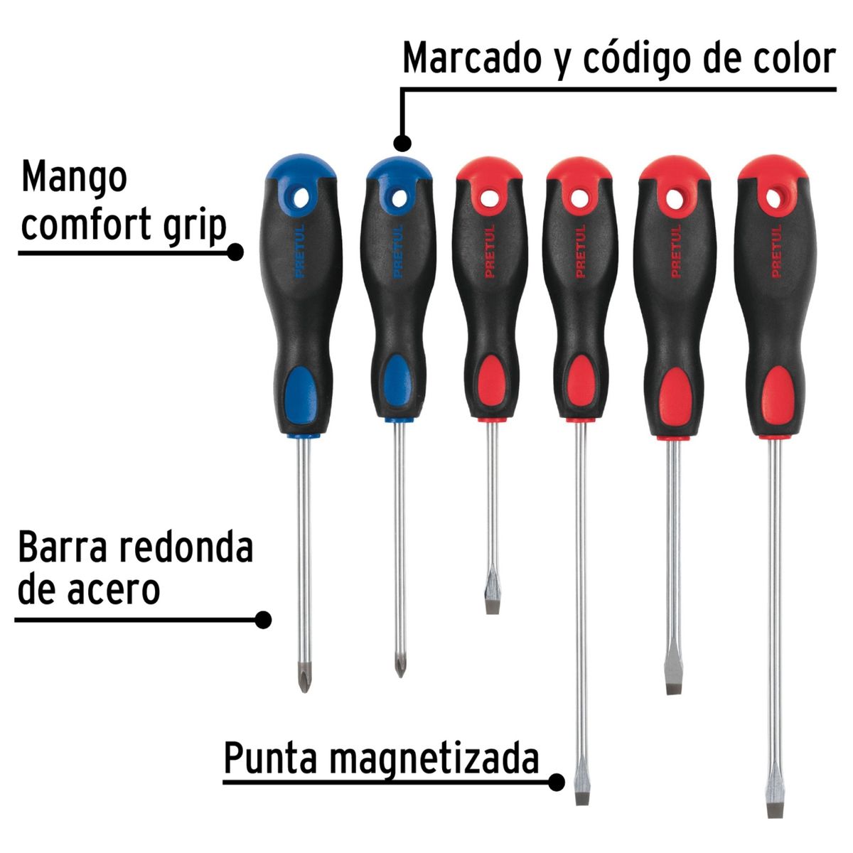 PRETUL - Desarmadores Mango Comfort Grip 6 unidades, Pretul