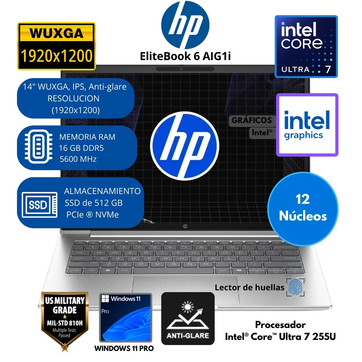 HP - Laptop HP EliteBook 6 Intel Core Ultra 7 RAM 16 GB SSD 512 GB 14"WUXGA Windows 11 PRO