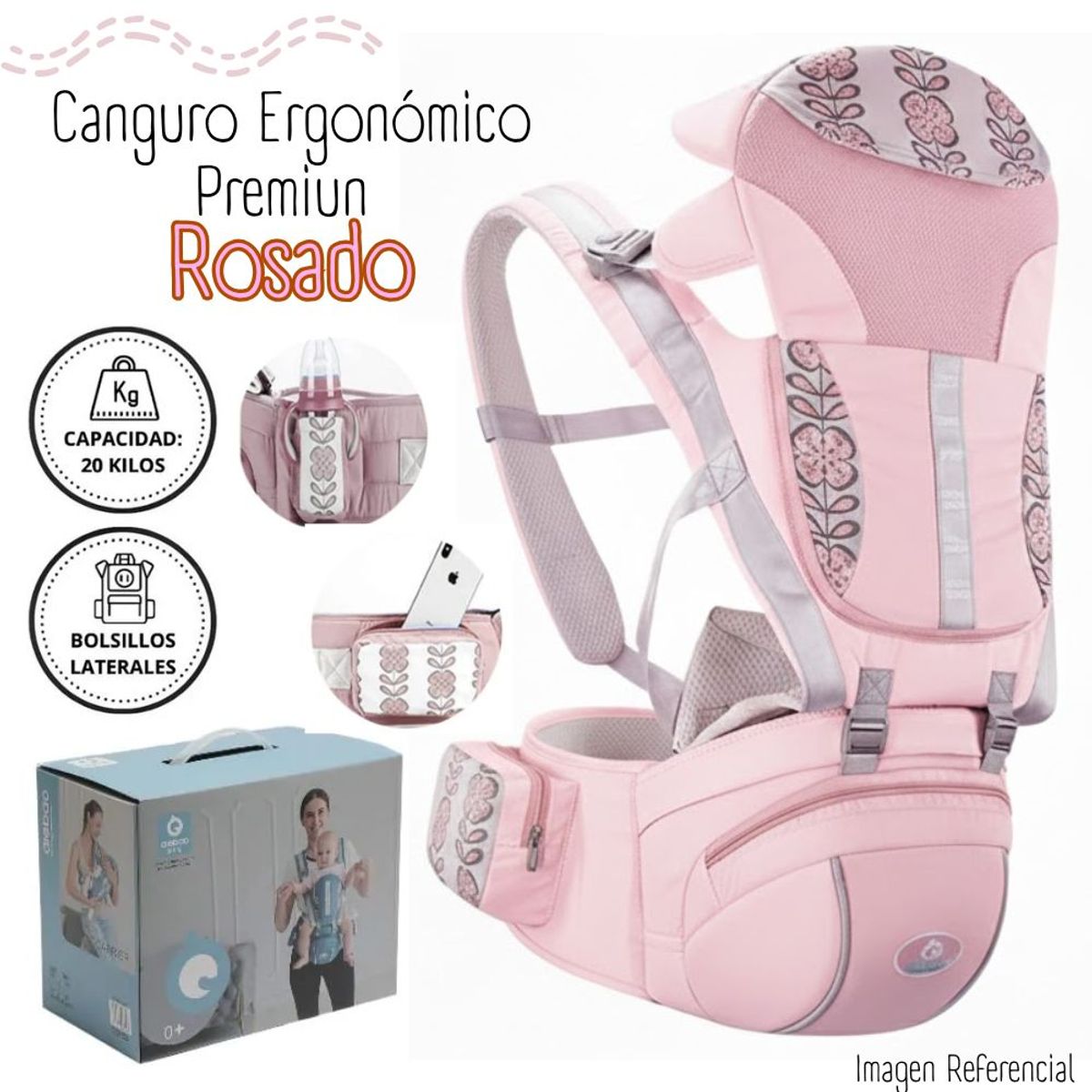 GENERICO - Canguro Ergonómico Premiun para Bebé - Rosado