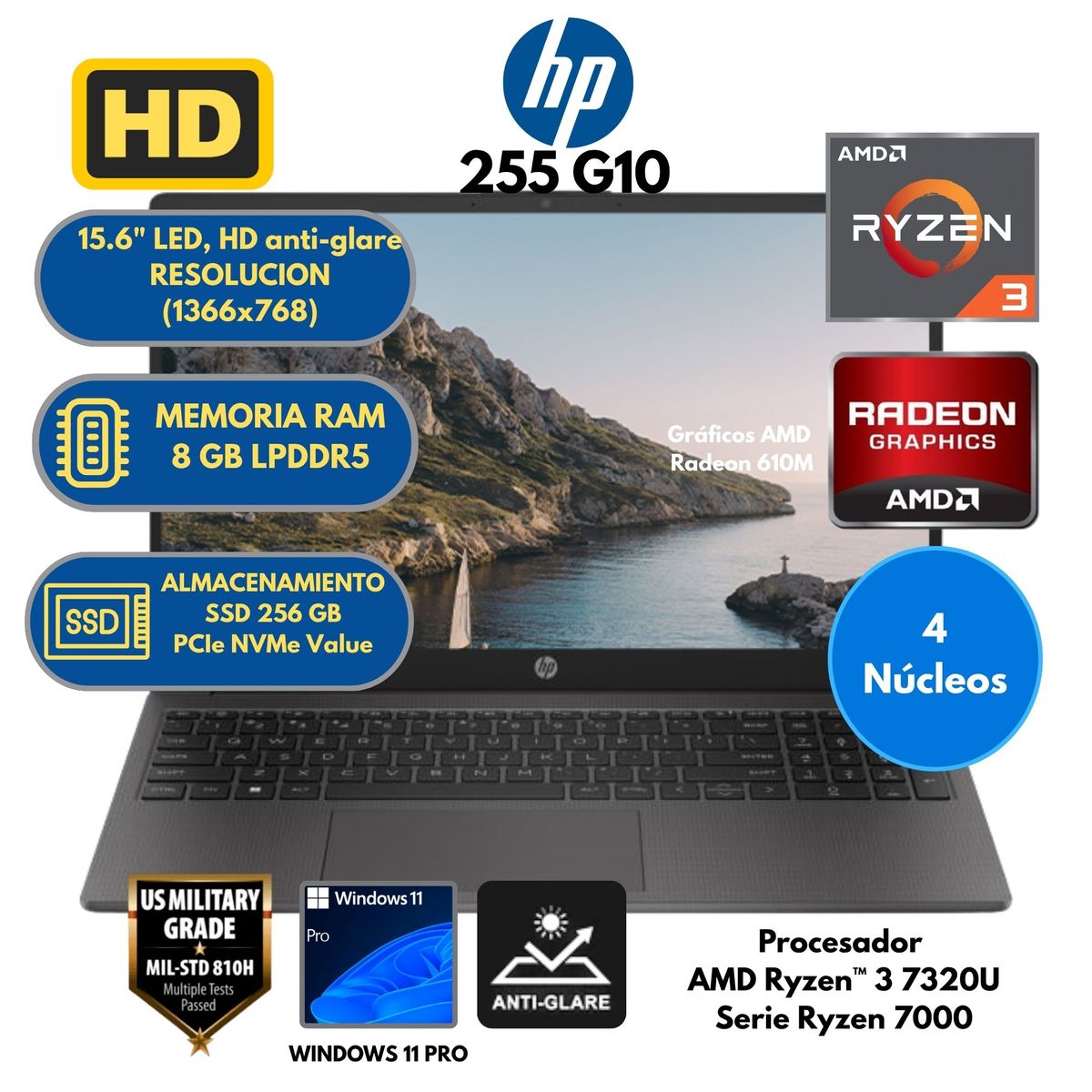 HP - Laptop HP AMD Ryzen 3 (255 G10) RAM 8 GB SSD 256 GB 15,6" HD Windows 11 PRO